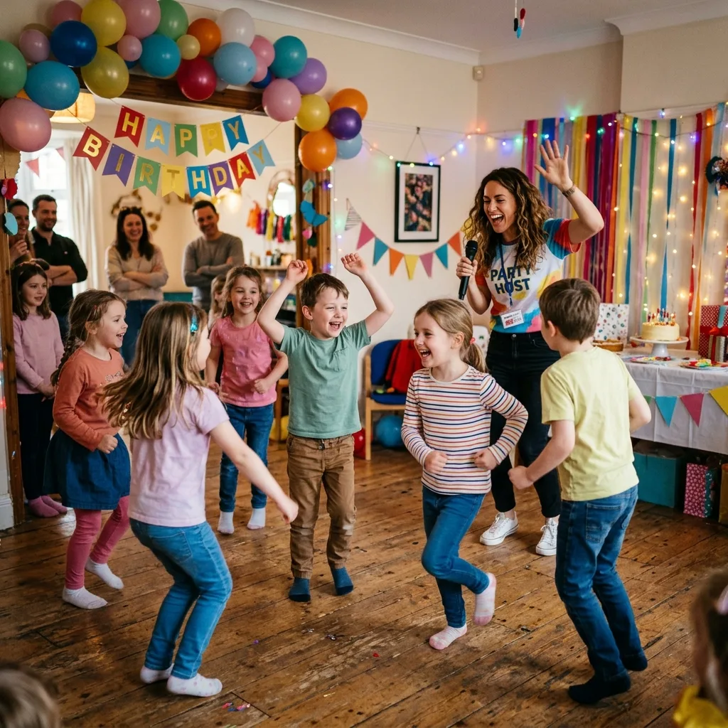 Animatoare conduce un grup de copii care dansează într-un interior de petrecere.