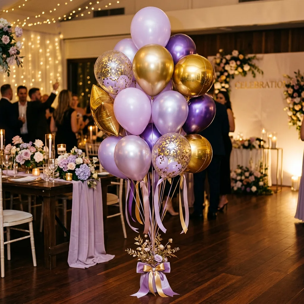 Buchet de baloane mov/aurii/transparente și cu confetti, lângă o masă de eveniment.