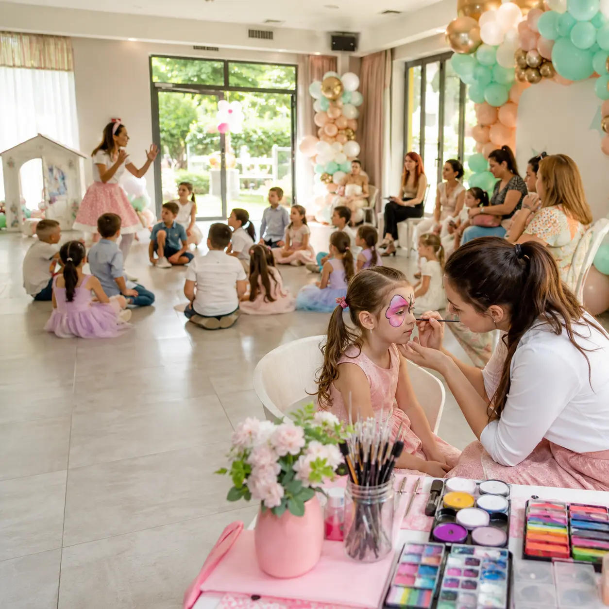 Masă de pictură pe față într-un salon, cu copii și persoane adulte în jur; cadru larg.
